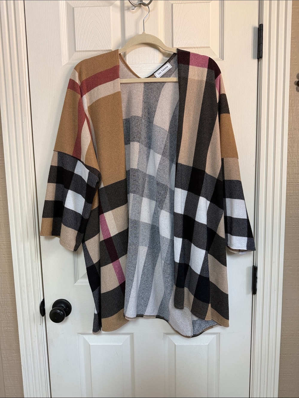 Ces Femme Plaid Open-Front Cardigan - Camel, Black, White, Pink